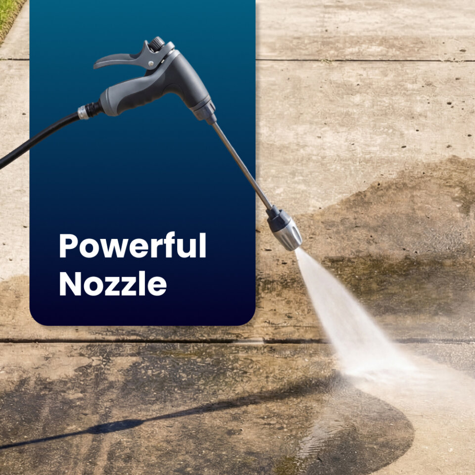 Jetterix pressure nozzle blasting dirt off a concrete driveway
