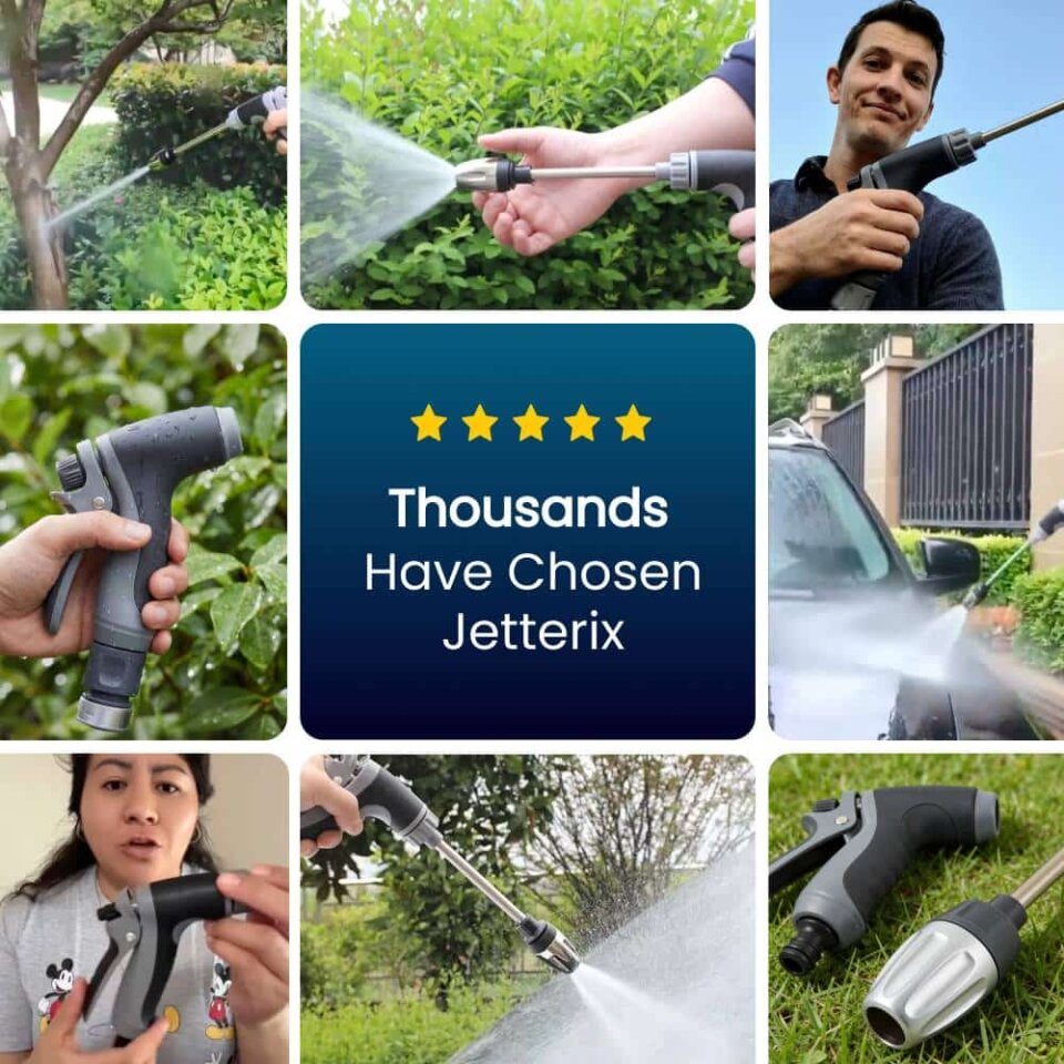 Collage of thousands of Jetterix owners using the nozzle on gardens, cars and patios